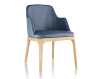Chaise design avec accoudoirs bois teinte naturelle et cuir bleu orage