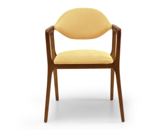 Chaise design avec accoudoirs bois teinte merisier et tissu jaune