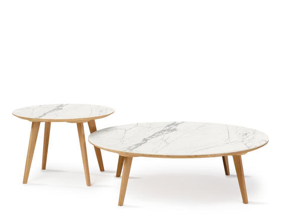 Duo de tables basses rondes F1 plateau céramique bois teinte naturelle plateau céramique effet marbre blanc M1