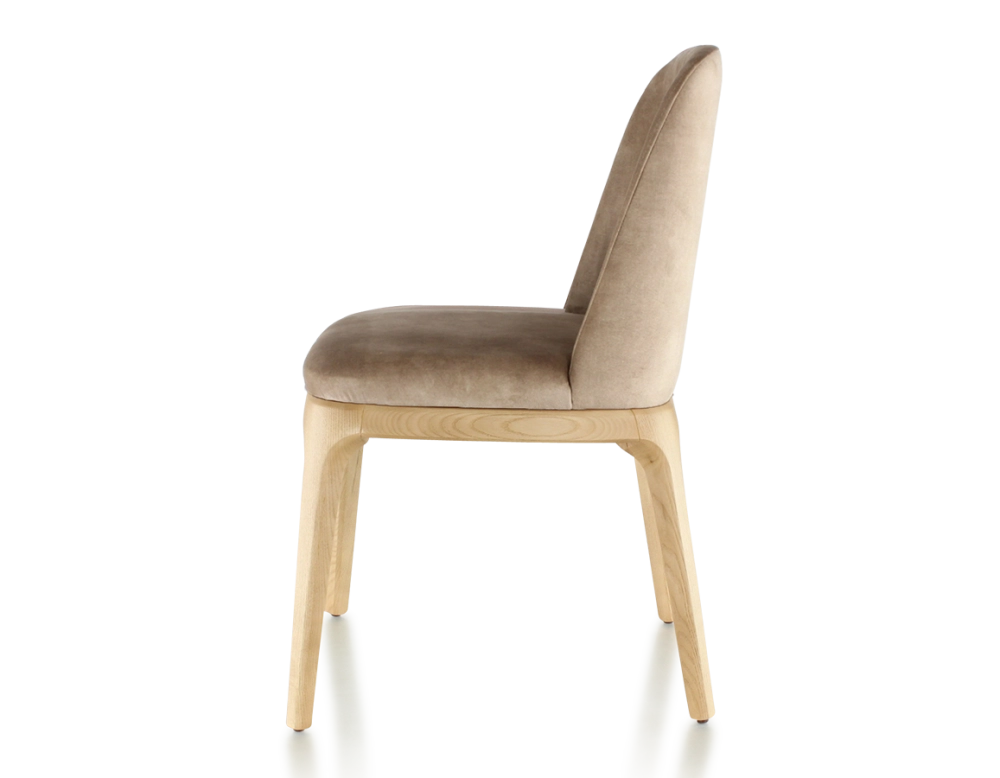 Designer chair natural stained wood and light taupe velvet fabric Designer chair natural stained wood and light taupe velvet fabric