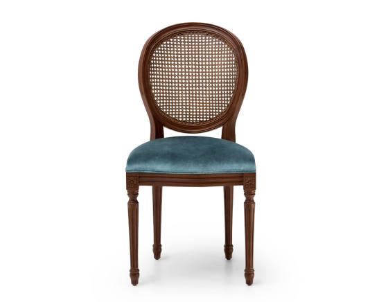 Louis XVI style antique chair dark brown stained wood with cane backrest and petrol blue velvet seat.
