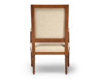 Fauteuil ancien style Louis XVI bois teinte ancienne et tissu chiné beige Fauteuil ancien style Louis XVI bois teinte ancienne et tissu chiné beige