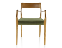 Scandinavian armchair with armrests cherry-stained wood, olive green fabric seat Scandinavian armchair with armrests cherry-stained wood, olive green fabric seat