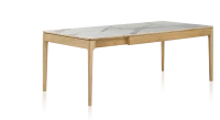 Table extensible 6 à 12 personnes en chêne et céramique allonges céramique avec bois teinte naturelle et plateau et allonges céramique effet marbre blanc 140x100 cm