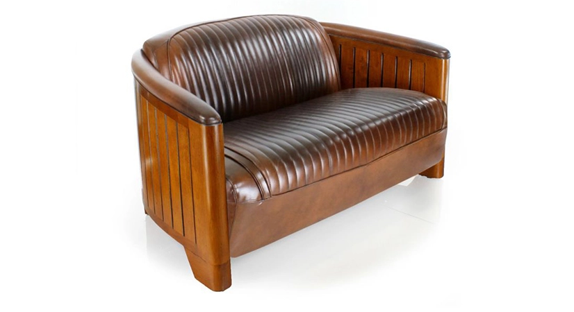 Canapé club bois et cuir 2 places marron vintage Canapé club bois et cuir 2 places marron vintage