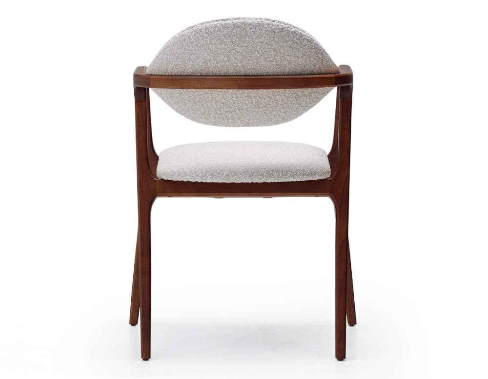 Designer armchair cherry wood stain and white bouclé fabric Designer armchair cherry wood stain and white bouclé fabric