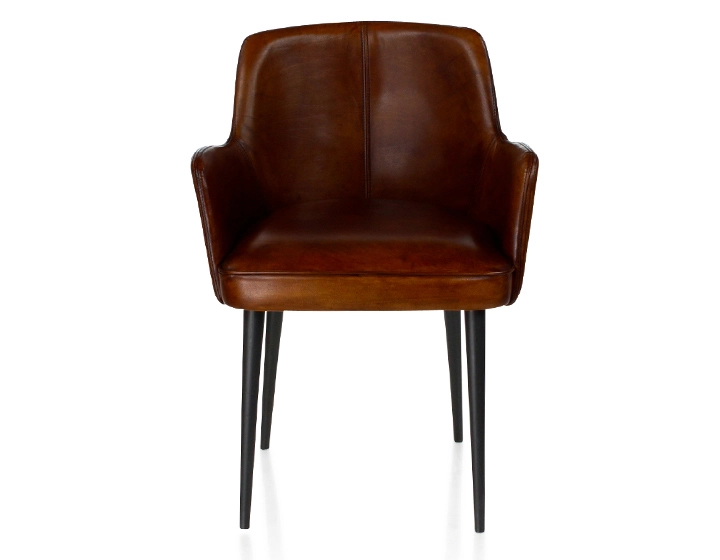Silla vintage con reposabrazos de piel marrón intenso