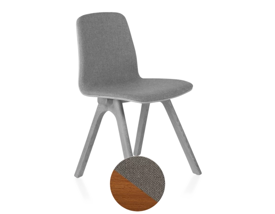 Chaise design teinte merisier assise tissu gris clair