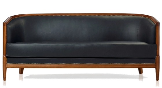 Canapé ancien 3 places accoudoirs moulurés bois teinte ancienne et cuir noir