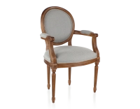 Chaise ancienne style Louis XVI avec accoudoirs bois teinte ancienne et tissu gris clair Chaise ancienne style Louis XVI avec accoudoirs bois teinte ancienne et tissu gris clair