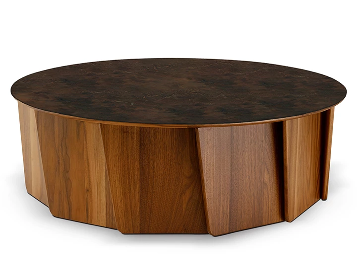 Table basse ronde en noyer et céramique brune oxydée 80 cm
