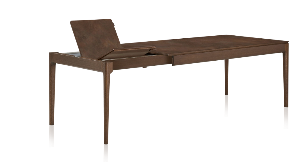 Table extensible en chêne et céramique 6 à 10 personnes allonges céramique avec bois teinte marron foncé et plateau et allonges céramique brun oxydé 140x90 cm Table extensible en chêne et céramique 6 à 10 personnes allonges céramique avec bois teinte marron foncé et plateau et allonges céramique brun oxydé 140x90 cm