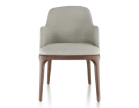 Chaise design avec accoudoirs bois teinte marron foncé et tissu beige naturel