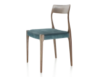Chaise scandinave bois teinte marron foncé assise tissu velours bleu pétrole Chaise scandinave bois teinte marron foncé assise tissu velours bleu pétrole