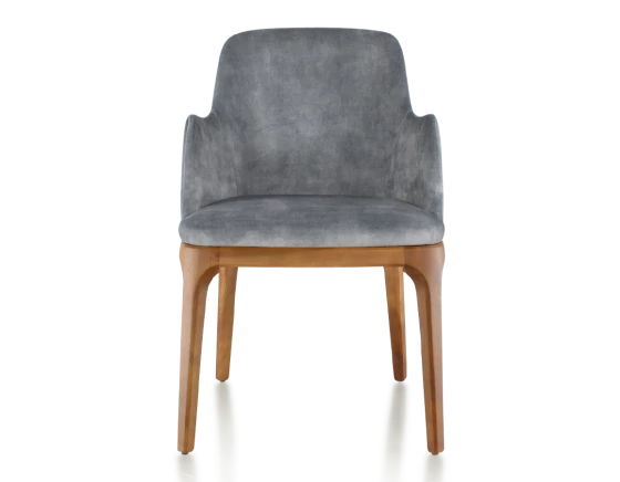 Chaise design avec accoudoirs teinte merisier et tissu velours gris