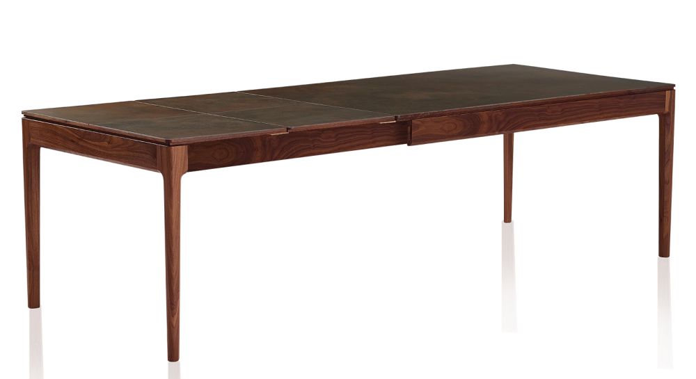 Table extensible 8 à 14 personnes en noyer et céramique allonges céramique avec bois teinte naturelle et plateau et allonges céramique brun oxydé 210x100 cm