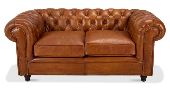 Canapé Chesterfield cuir 2 places marron clair accoudoirs cloutés