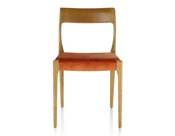 Chaise scandinave bois teinte merisier assise tissu velours terracotta