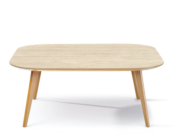 Table basse carré aux angles arrondis F2 en chêne et céramique bois teinte naturelle plateau céramique effet pierre travertin 120x120x30 cm