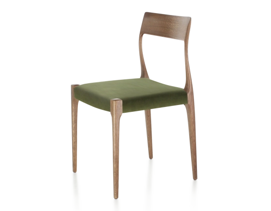 Scandinavian chair wood stained walnut seat olive green fabric