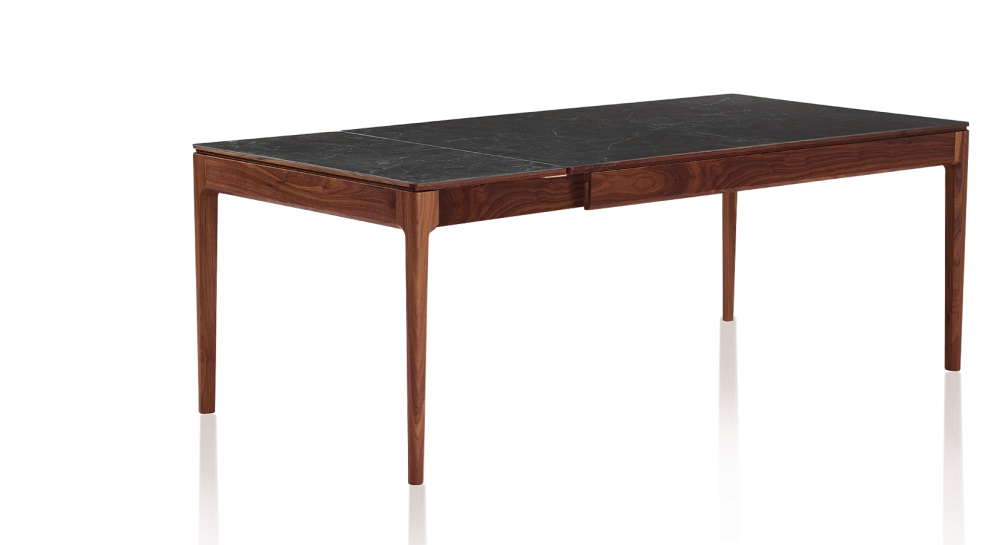 Table extensible 8 à 12 personnes en noyer et céramique allonges céramique avec bois teinte naturelle et plateau et allonges céramique effet ardoise 180x100 cm