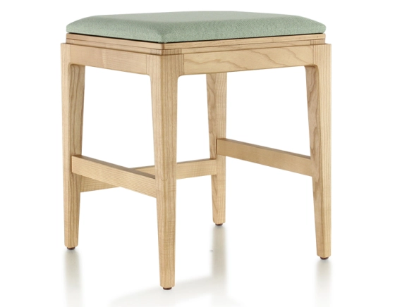 Tabouret design H45 cm bois teinte naturelle assise tissu vert sauge