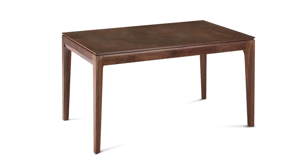 Table extensible 8 à 12 personnes en noyer et céramique allonges céramique avec bois teinte naturelle et plateau et allonges céramique brun oxydé 180x100 cm