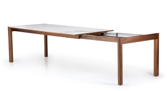 Table extensible 8 à 12 personnes en noyer et céramique allonges céramique bois teinte naturelle et céramique effet marbre blanc 180x100 cm