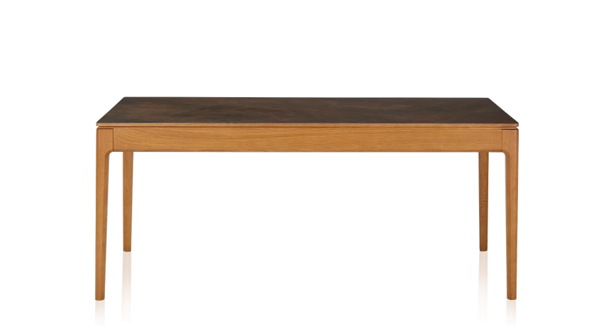 Table salle à manger en chêne et céramique avec bois teinte merisier et plateau céramique brun oxydé 140x90 cm
