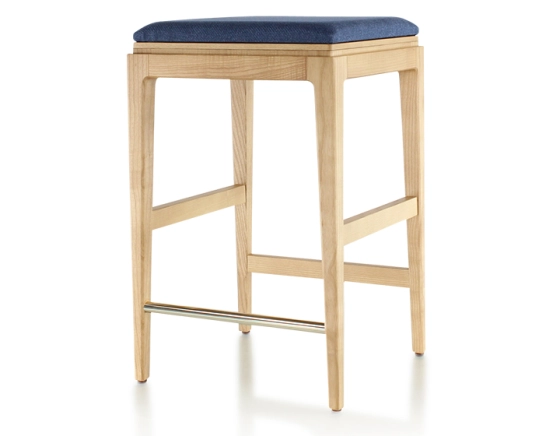H60 cm designer bar stool natural tint wood, navy blue fabric seat