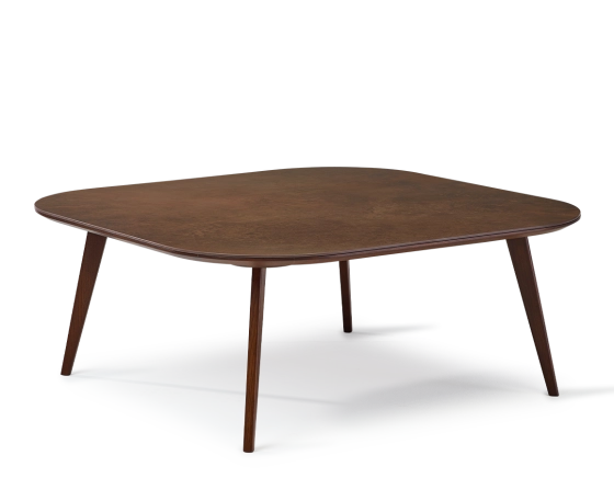 Table basse carré aux angles arrondis F2 en chêne et céramique bois teinte marron foncé plateau céramique brun oxydé 120x120x30 cm