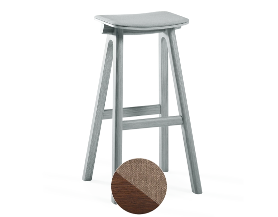 Tabouret de bar en chêne tapissé H80 cm bois teinte marron foncé assise tissu taupe