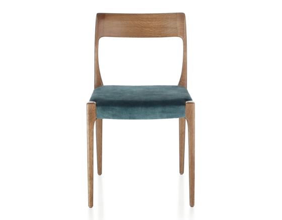 Chaise scandinave bois teinte noyer assise tissu velours bleu pétrole