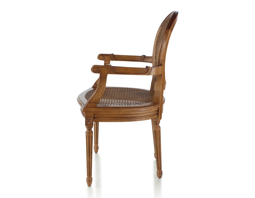 Chaise ancienne style Louis XVI avec accoudoirs bois teinte ancienne assise et dossier cannés