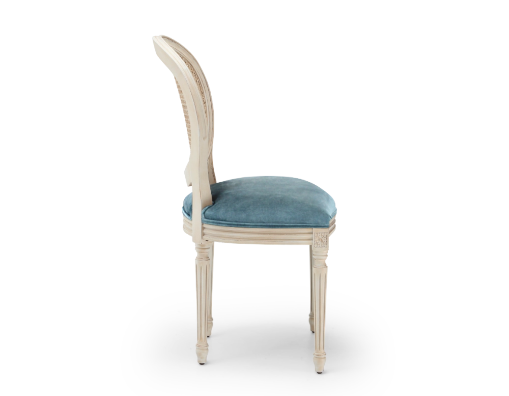 Louis XVI style antique chair white cerused wood with cane backrest and petrol blue velvet seat. Louis XVI style antique chair white cerused wood with cane backrest and petrol blue velvet seat.