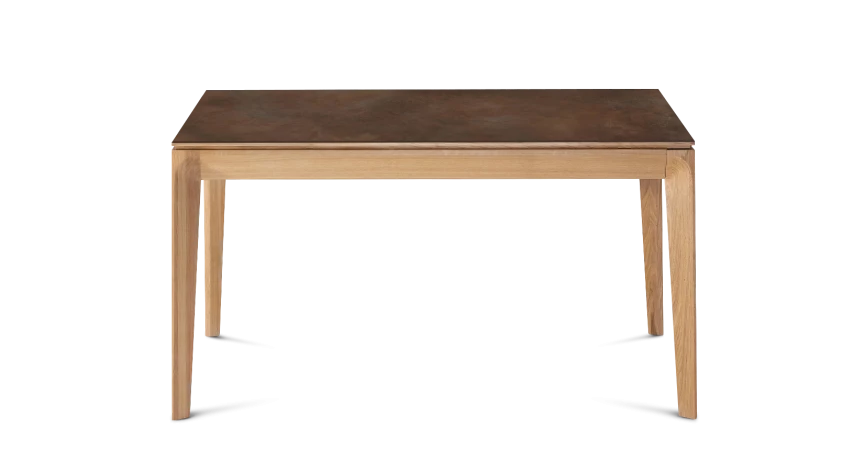 Table extensible en chêne et céramique allonges céramique avec bois teinte naturelle et plateau et allonges céramique brun oxydé 140x90 cm