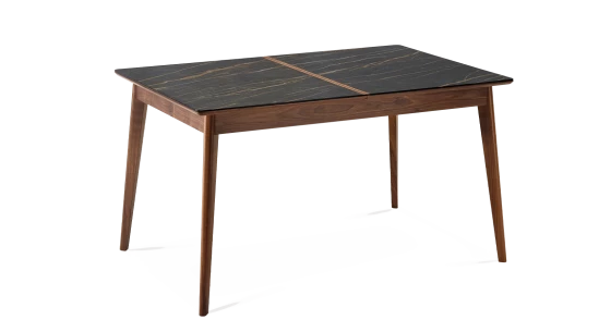 Table extensible en noyer et céramique allonges bois avec bois teinte naturelle et plateau céramique effet marbre noir 210x100 cm