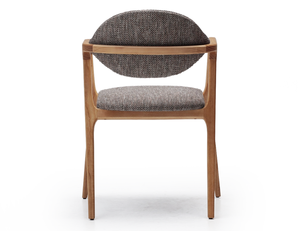 Designer armchair natural wood finish and brown mottled fabric Designer armchair natural wood finish and brown mottled fabric