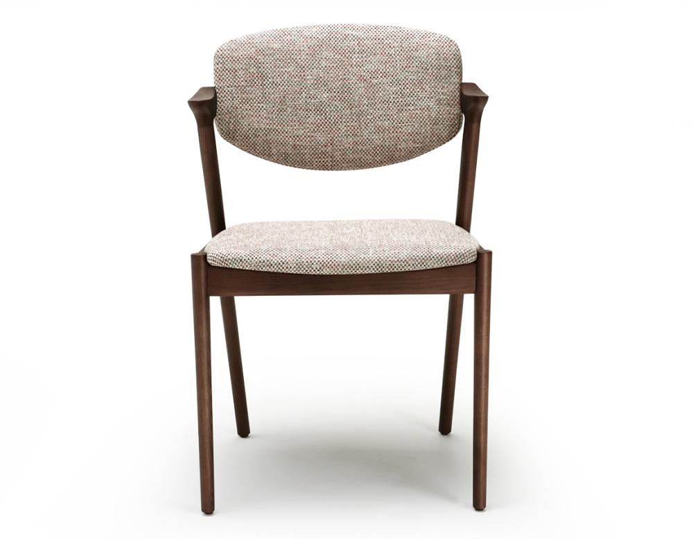 Scandinavian chair dark brown stained wood with fusion fabric seat. Scandinavian chair dark brown stained wood with fusion fabric seat.