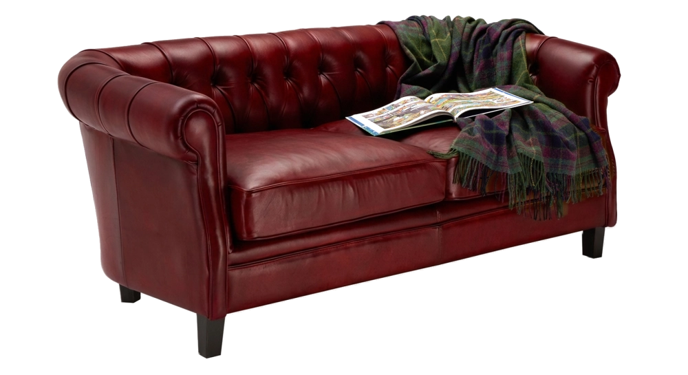 Canapé Chesterfield cuir 2 places rouge carmin accoudoirs cloutés