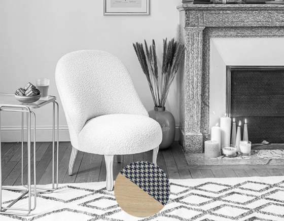 Fauteuil crapaud sans accoudoirs pieds bois teinte naturelle et tissu pied-de-poule bleu et blanc