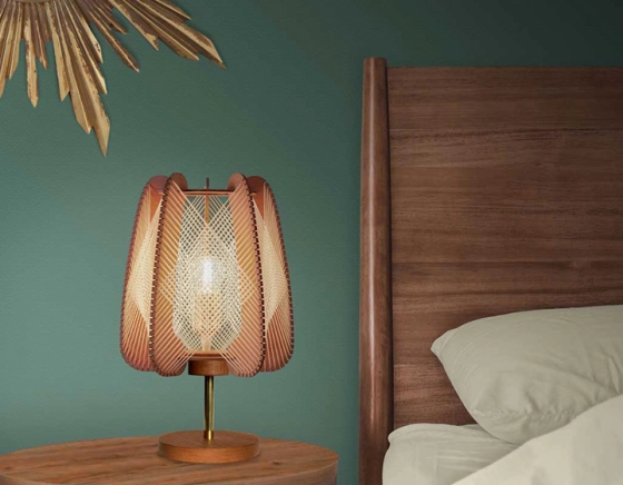 Lampe sur pied en bois et fil de coton tressage croisé