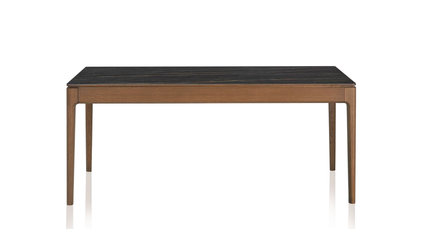 Table salle à manger en chêne et céramique avec bois teinte noyer et plateau céramique effet marbre noir 140x90 cm