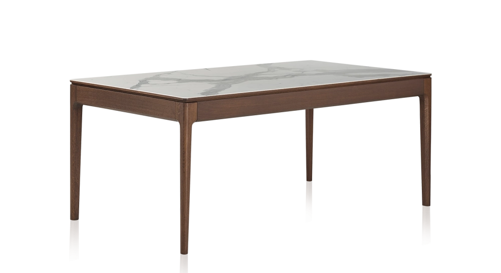 Oak and ceramic dining table for 6 people with dark brown stained wood and white marble effect ceramic top 140x100 cm Oak and ceramic dining table for 6 people with dark brown stained wood and white marble effect ceramic top 140x100 cm