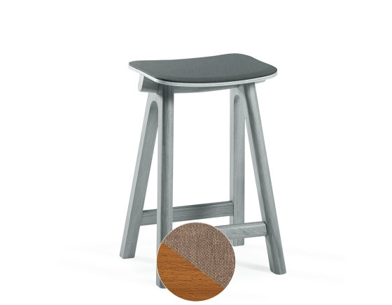 Upholstered oak bar stool H60 cm cherry-stained wood, taupe fabric seat