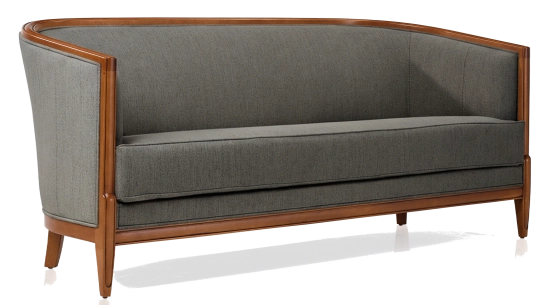 Canapé ancien 3 places accoudoirs moulurés bois teinte ancienne et tissu gris clair