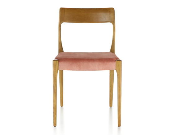 Scandinavian chair cherry-stained wood, pale pink velvet seat
