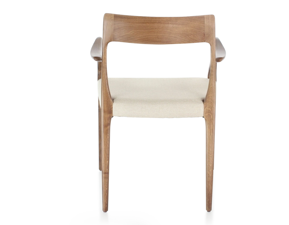 Chaise scandinave avec accoudoirs bois teinte noyer assise tissu chevron beige Chaise scandinave avec accoudoirs bois teinte noyer assise tissu chevron beige