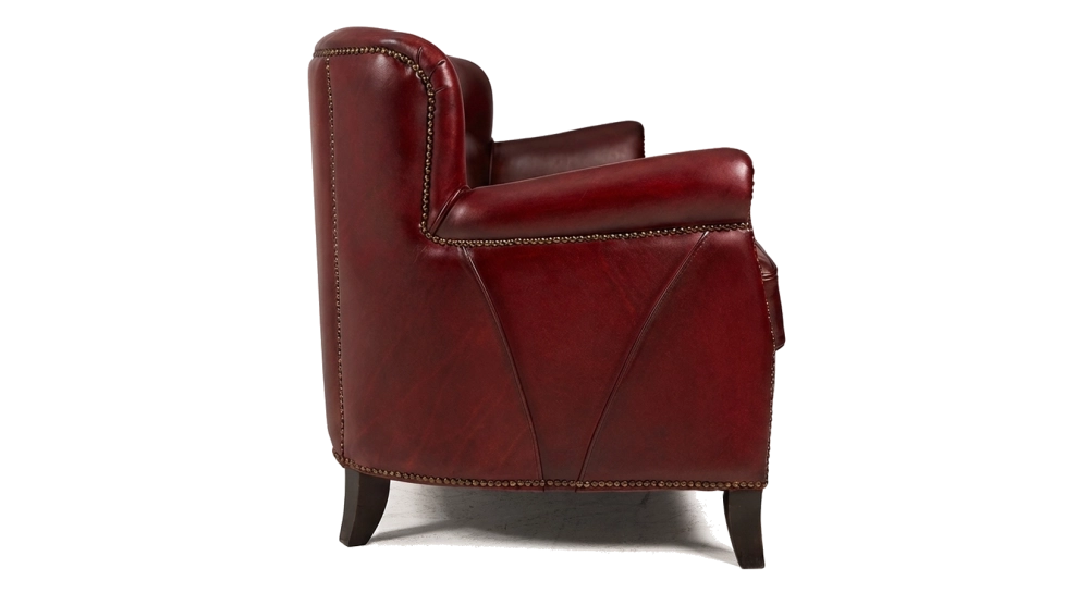 Canapé club cuir 2 places rouge carmin accoudoirs cloutés