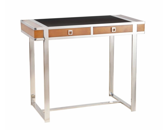 Bureau art déco inox avec plateau cuir noir et bois teinte merisier